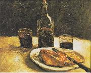 Vincent Van Gogh Still life with bottle, two glasses, cheese and bread oil painting reproduction